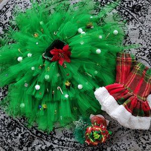 🎄Christmas Tree Tulle Dress Matching Set Tutu Bow LegWarmer XS S 2 3 4 2T 3T 4T